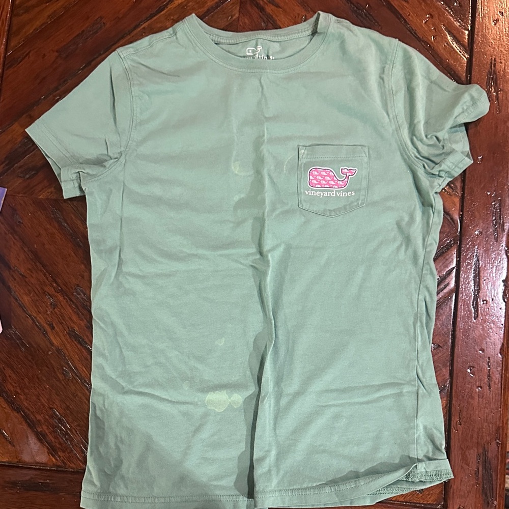Vineyard Vines Green Tee with Pink Whale Logo
